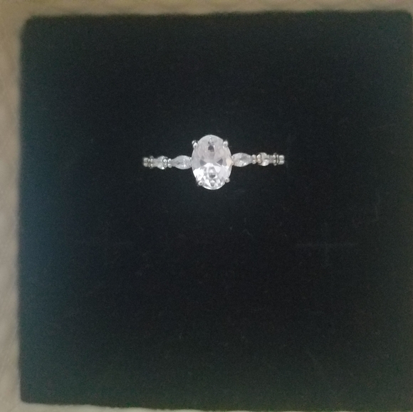 Silver CZ Solitaire Deco Oval Marquise Ring 7 - Picture 5 of 7